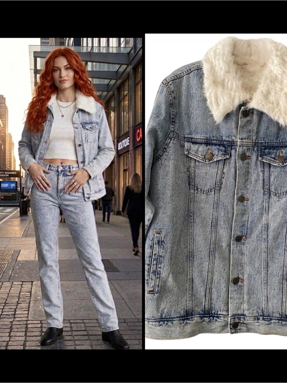 Show Me Your Mumu Durado Faux Fur Trim Denim Trucker Jacket Blue RainWash XL